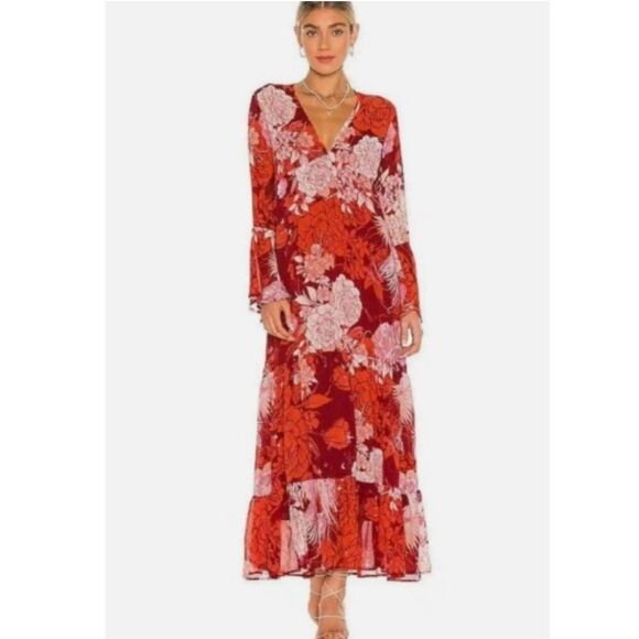 Free People Dresses & Skirts - Free People Women's Georgette Bell Moroccan Roll Maxi Dress Pop Combo XS
